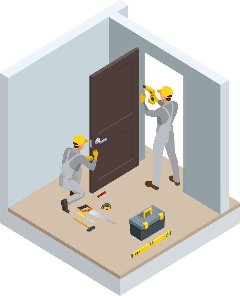 Illustration of two maintenance workers installing a door