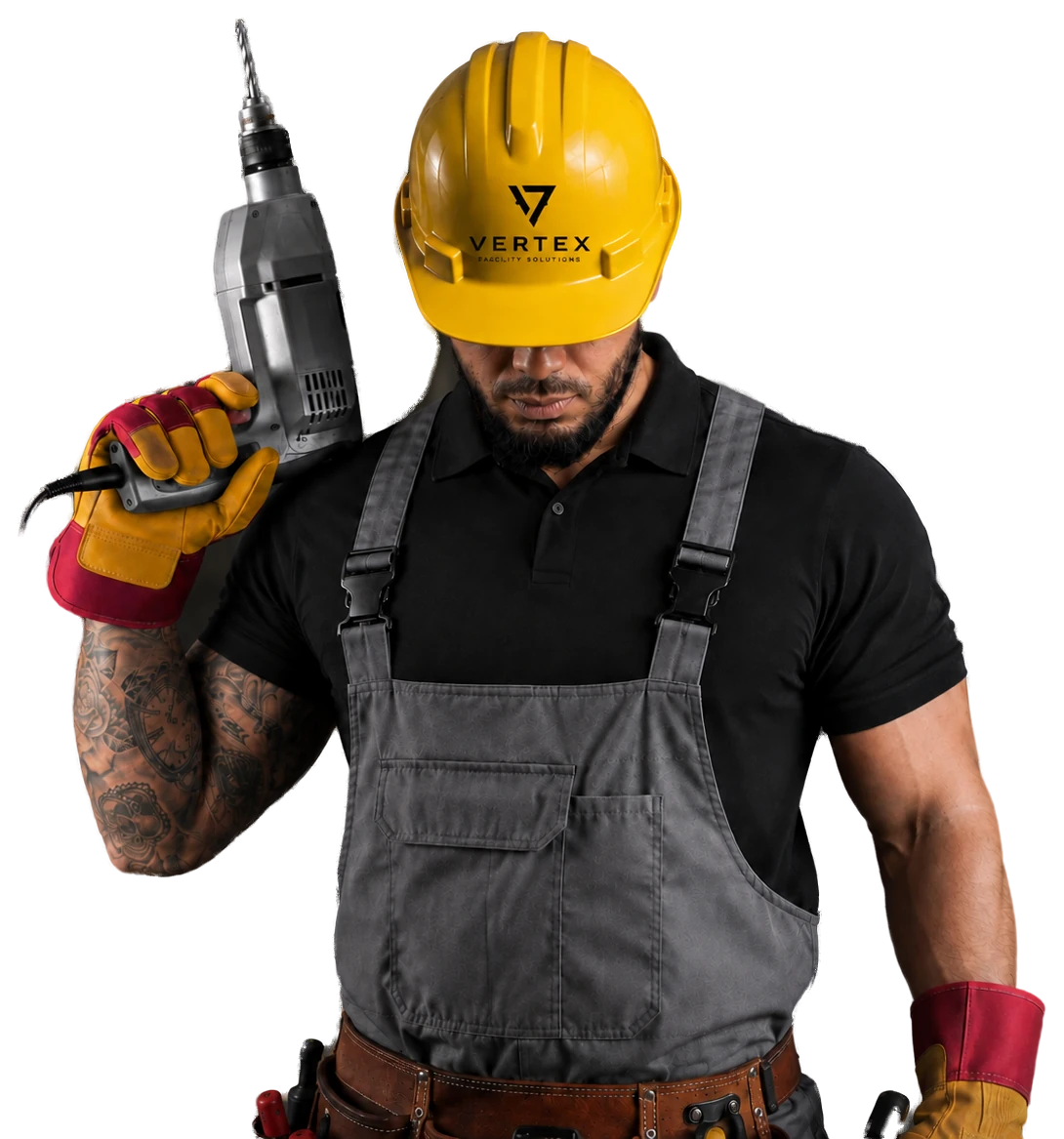 Vertex Facility Solutions technician wearing a branded hard hat and carrying a drill