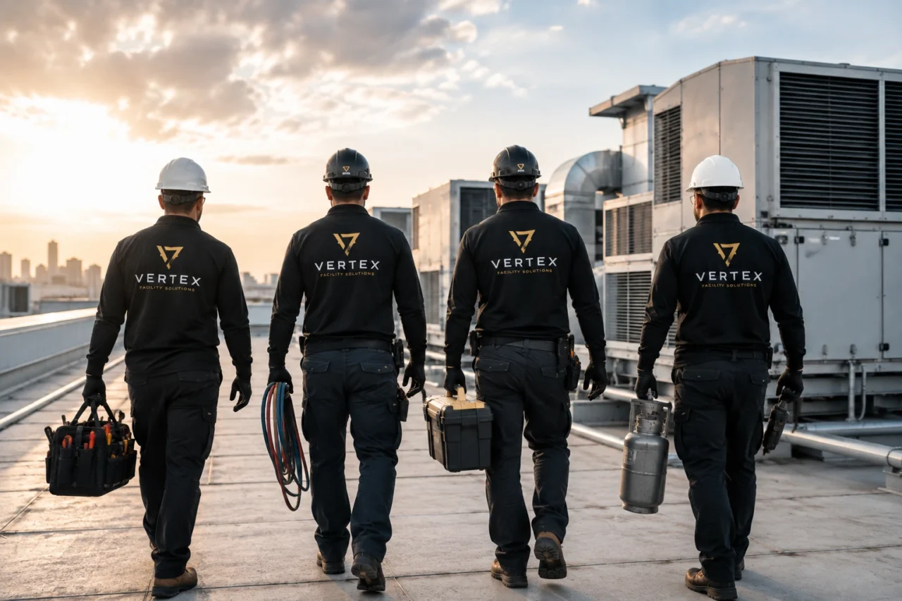 Vertex-Branded Technicians with Rooftop HVAC Equipment Four technicians in Vertex-branded uniforms walking toward rooftop HVAC equipment
